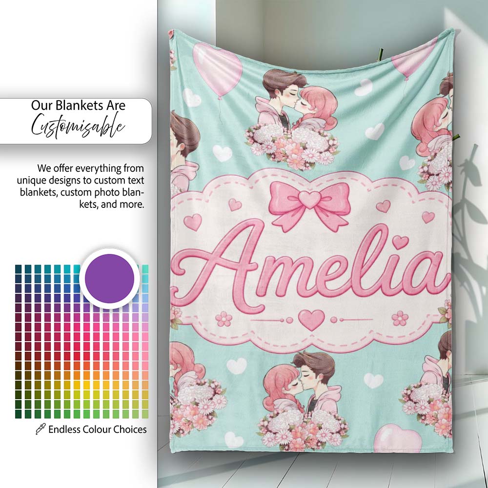 Romantic Couple Kissing Floral Bouquet Hearts Pattern Mint Green  Personalised Custom Name Super Soft Fleece Blanket Bed Sofa Throw