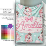 Romantic Couple Kissing Floral Bouquet Hearts Pattern Mint Green  Personalised Custom Name Super Soft Fleece Blanket Bed Sofa Throw