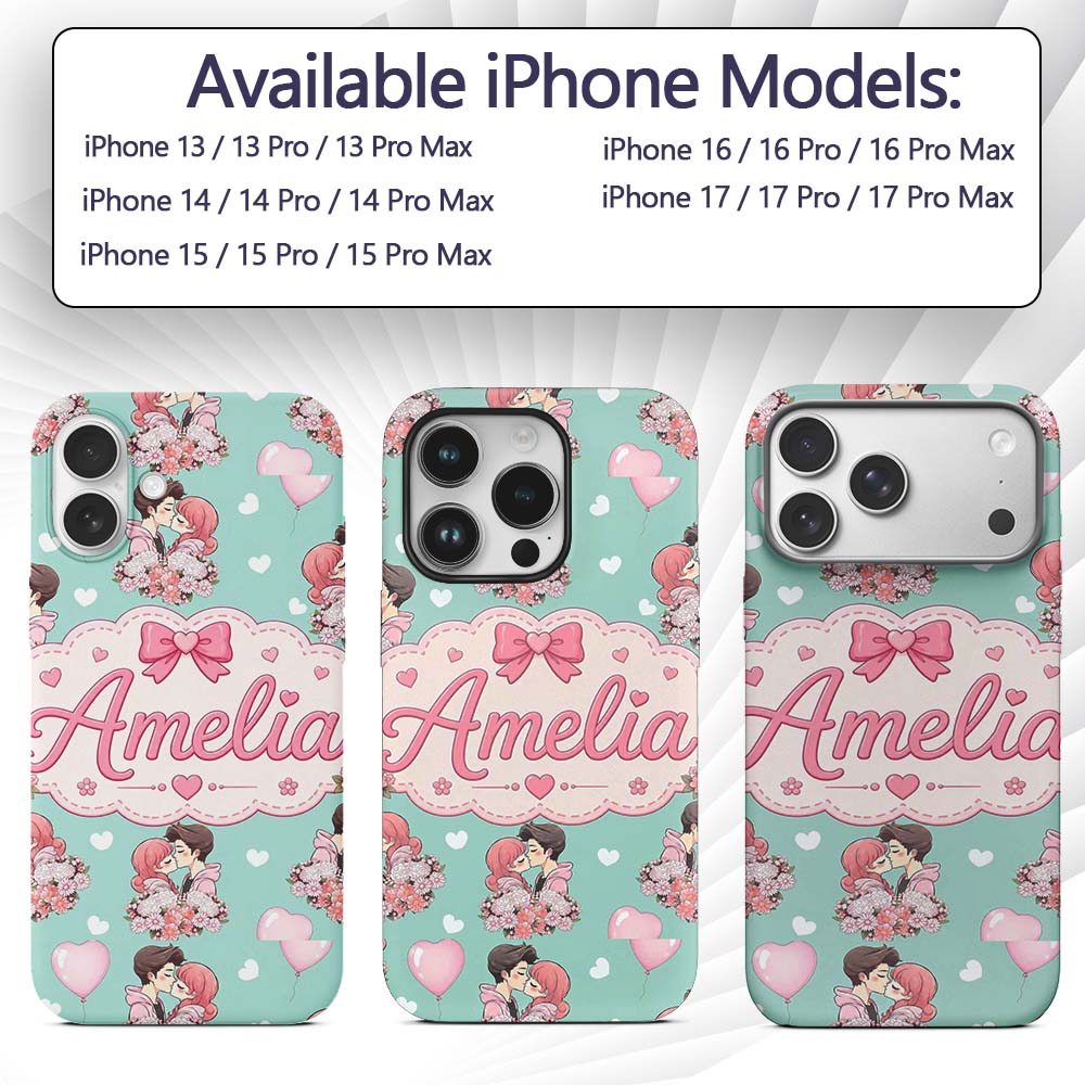 Romantic Couple Kissing Floral Bouquet Hearts Custom Name Protective Phone Case Mobile Cover Durable Everyday Smartphone Shock Resistant