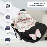 Watercolor Pink Roses Bow Butterfly Elegant Seamless Pattern Lovely  Personalised Custom Name Super Soft Fleece Blanket Bed Sofa Throw