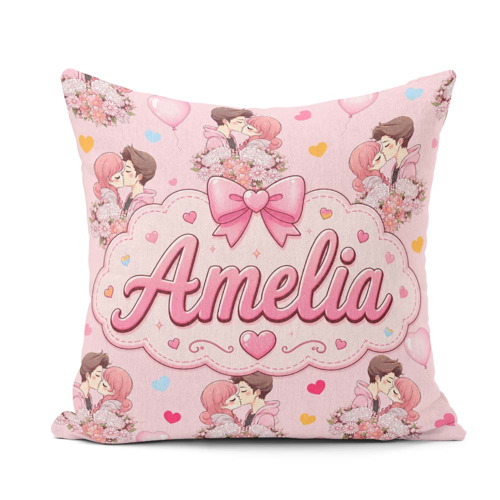 Custom Name Romantic Couple Kissing Floral Bouquet Hearts Hearts Square Filled Cushion Throw Pillow Sofa Bed Home Decor Zip Washable UK Made