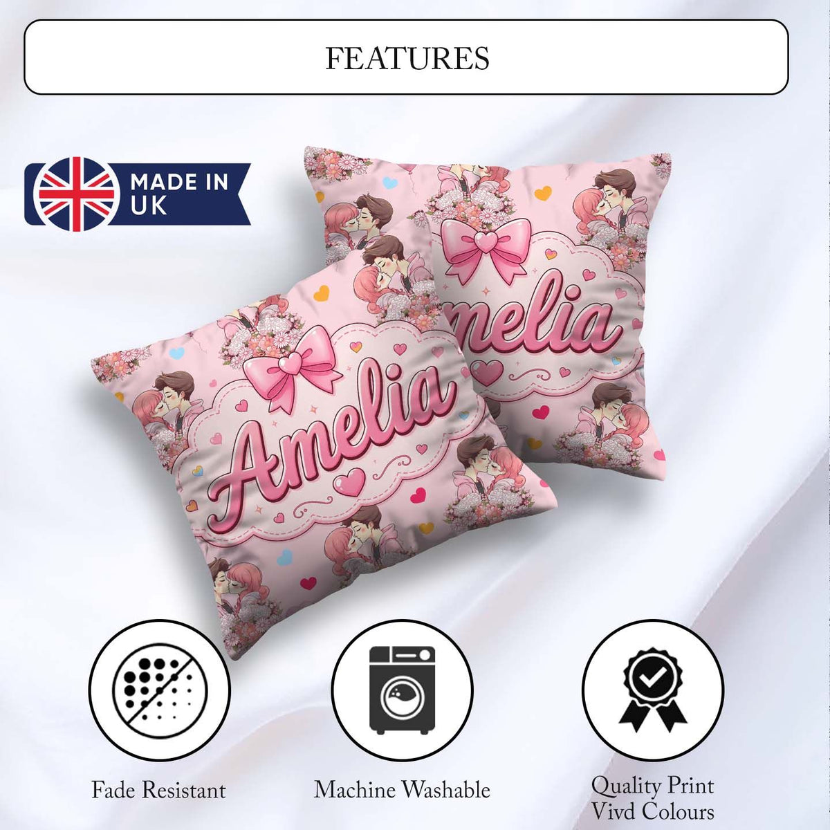 Custom Name Romantic Couple Kissing Floral Bouquet Hearts Hearts Square Filled Cushion Throw Pillow Sofa Bed Home Decor Zip Washable UK Made