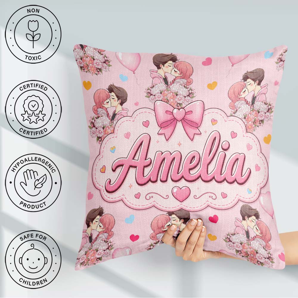Custom Name Romantic Couple Kissing Floral Bouquet Hearts Hearts Square Filled Cushion Throw Pillow Sofa Bed Home Decor Zip Washable UK Made