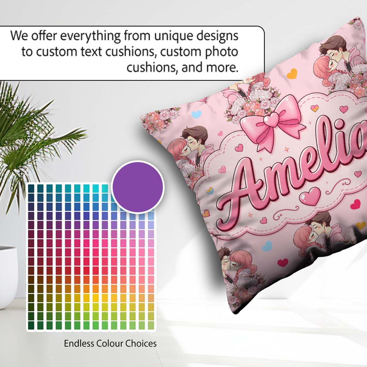 Custom Name Romantic Couple Kissing Floral Bouquet Hearts Hearts Square Filled Cushion Throw Pillow Sofa Bed Home Decor Zip Washable UK Made