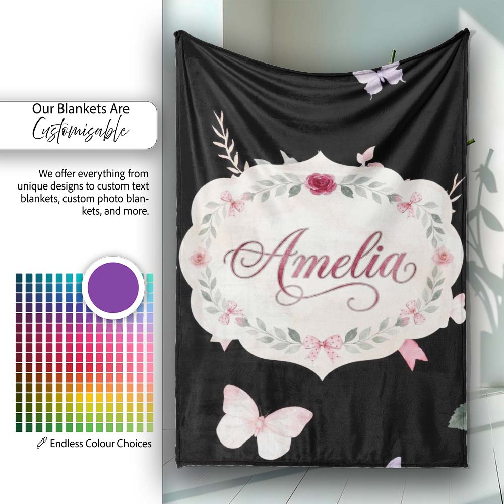 Watercolor Pink Roses Bow Butterfly Elegant Seamless Pattern Lovely  Personalised Custom Name Super Soft Fleece Blanket Bed Sofa Throw
