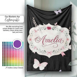 Watercolor Pink Roses Bow Butterfly Elegant Seamless Pattern Lovely  Personalised Custom Name Super Soft Fleece Blanket Bed Sofa Throw