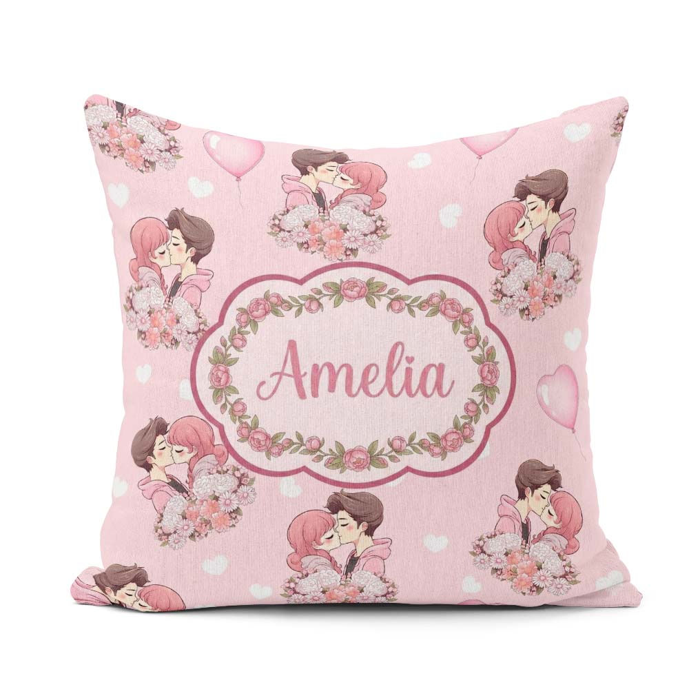 Custom Name Romantic Couple Kissing Floral Bouquet Pattern Soft Square Filled Cushion Throw Pillow Sofa Bed Home Decor Zip Washable UK Made