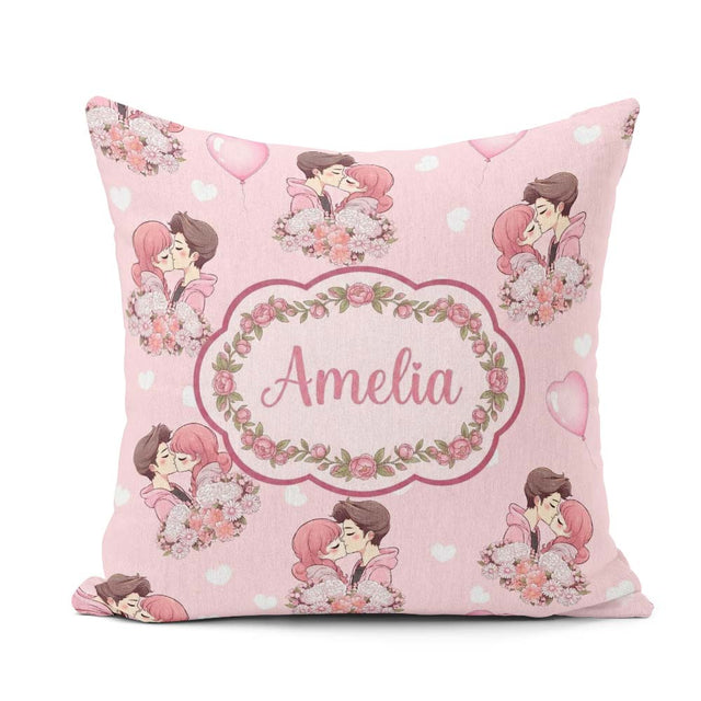 Custom Name Romantic Couple Kissing Floral Bouquet Pattern Soft Square Filled Cushion Throw Pillow Sofa Bed Home Decor Zip Washable UK Made