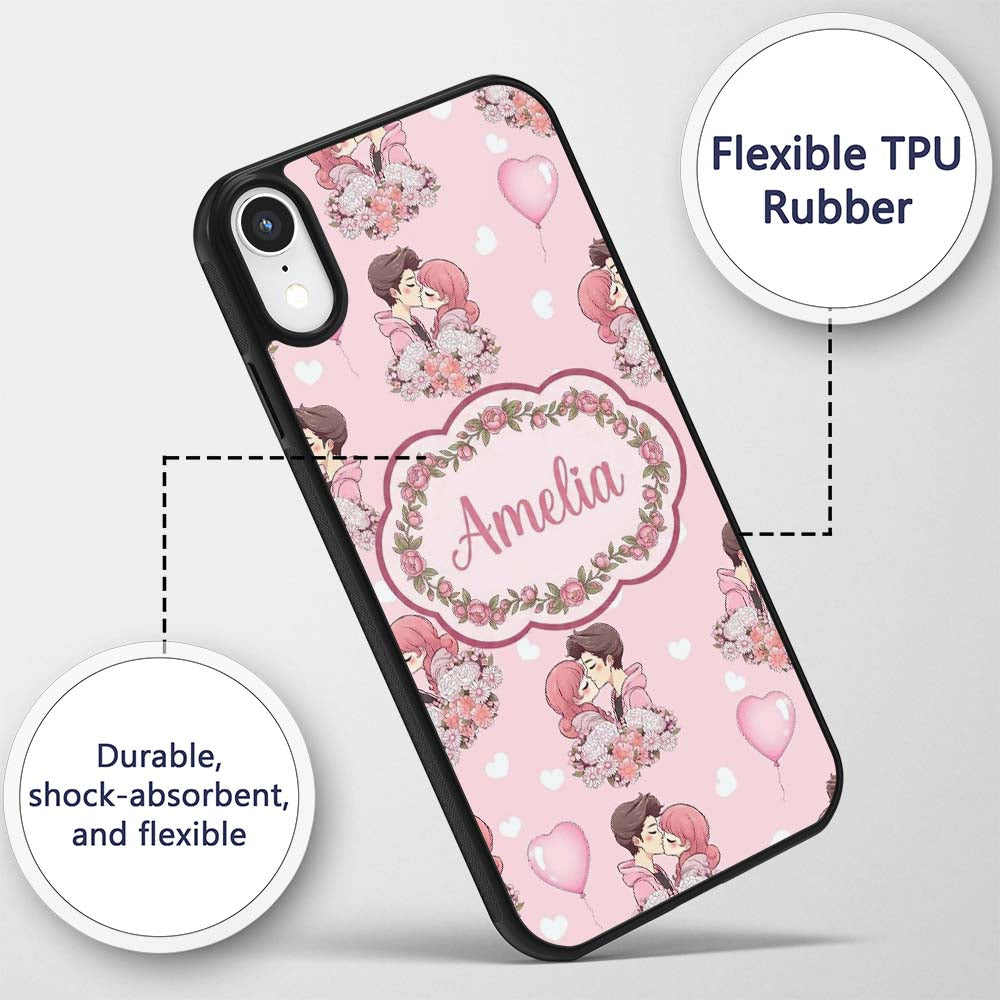 Romantic Couple Kissing Floral Bouquet Hearts Custom Name Protective Phone Case Mobile Cover Durable Everyday Smartphone Shock Resistant