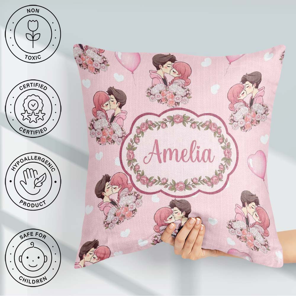 Custom Name Romantic Couple Kissing Floral Bouquet Pattern Soft Square Filled Cushion Throw Pillow Sofa Bed Home Decor Zip Washable UK Made