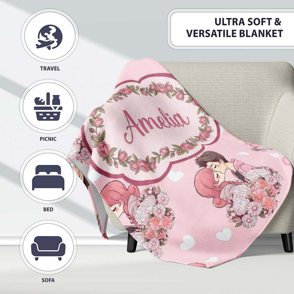 Romantic Couple Kissing Floral Bouquet Hearts Pattern Soft Pink  Personalised Custom Name Super Soft Fleece Blanket Bed Sofa Throw