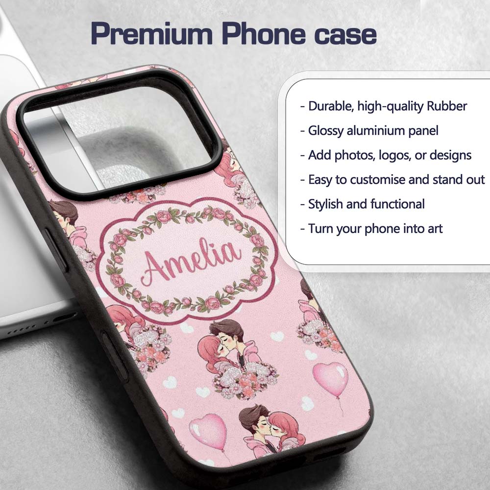Romantic Couple Kissing Floral Bouquet Hearts Custom Name Protective Phone Case Mobile Cover Durable Everyday Smartphone Shock Resistant