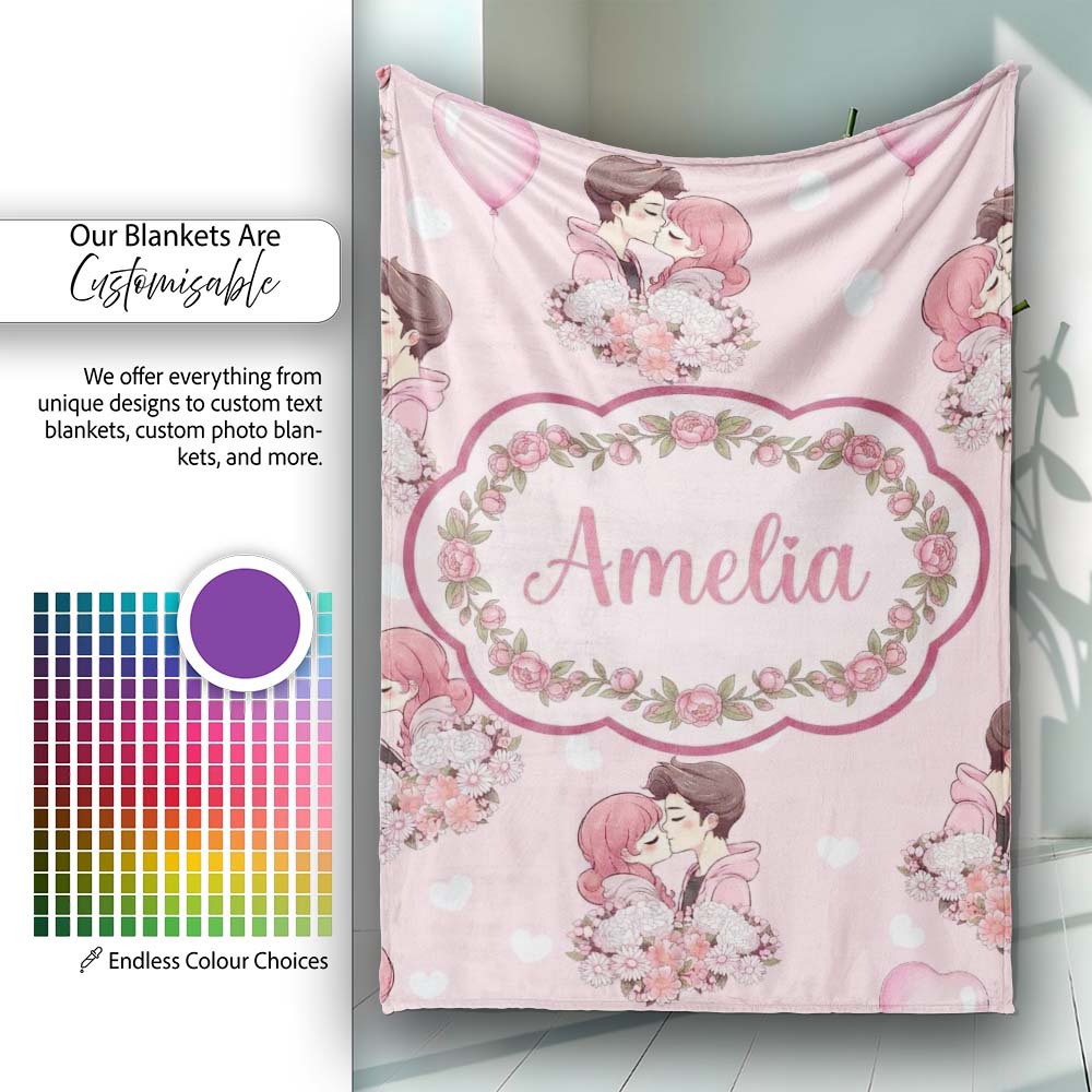 Romantic Couple Kissing Floral Bouquet Hearts Pattern Soft Pink  Personalised Custom Name Super Soft Fleece Blanket Bed Sofa Throw