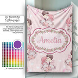 Romantic Couple Kissing Floral Bouquet Hearts Pattern Soft Pink  Personalised Custom Name Super Soft Fleece Blanket Bed Sofa Throw