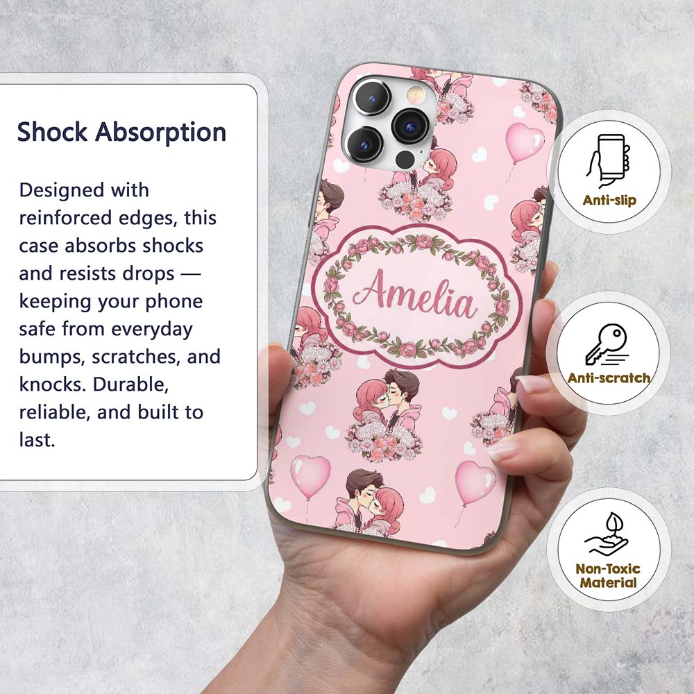 Romantic Couple Kissing Floral Bouquet Hearts Custom Name Protective Phone Case Mobile Cover Durable Everyday Smartphone Shock Resistant