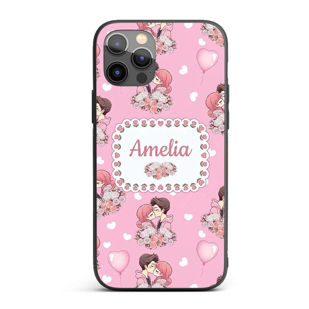 Romantic Couple Kissing Floral Bouquet Hearts Custom Name Protective Phone Case Mobile Cover Durable Everyday Smartphone Shock Resistant