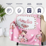 Romantic Couple Kissing Floral Bouquet Hearts Pattern Light Pink  Personalised Custom Name Super Soft Fleece Blanket Bed Sofa Throw