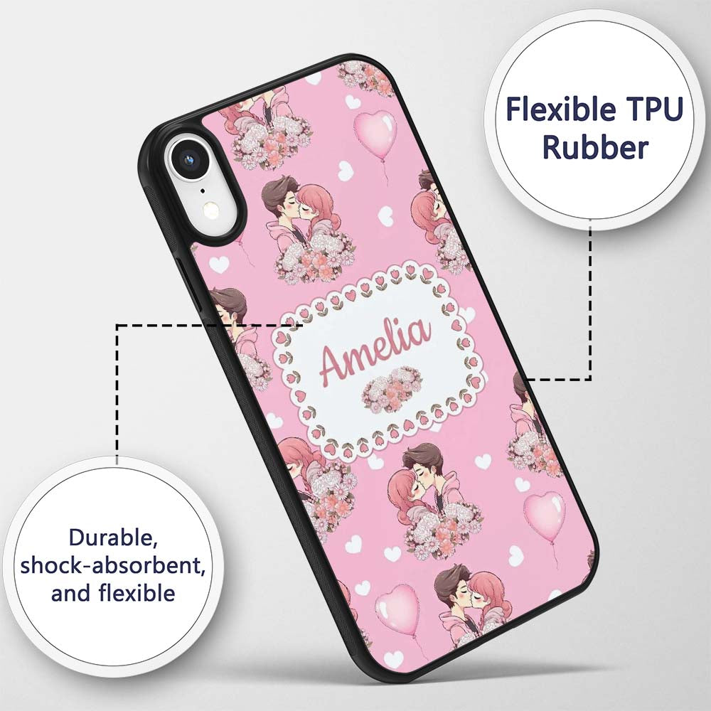 Romantic Couple Kissing Floral Bouquet Hearts Custom Name Protective Phone Case Mobile Cover Durable Everyday Smartphone Shock Resistant