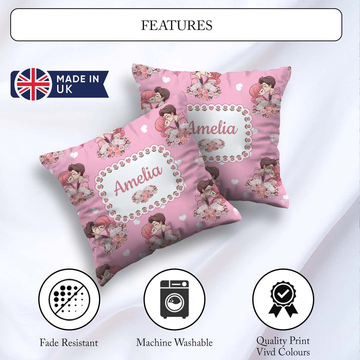 Custom Name Romantic Couple Kissing Floral Bouquet Pattern Light Square Filled Cushion Throw Pillow Sofa Bed Home Decor Zip Washable UK Made
