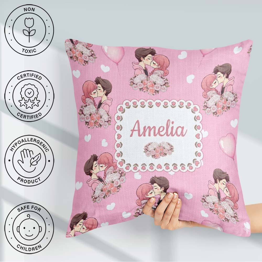 Custom Name Romantic Couple Kissing Floral Bouquet Pattern Light Square Filled Cushion Throw Pillow Sofa Bed Home Decor Zip Washable UK Made