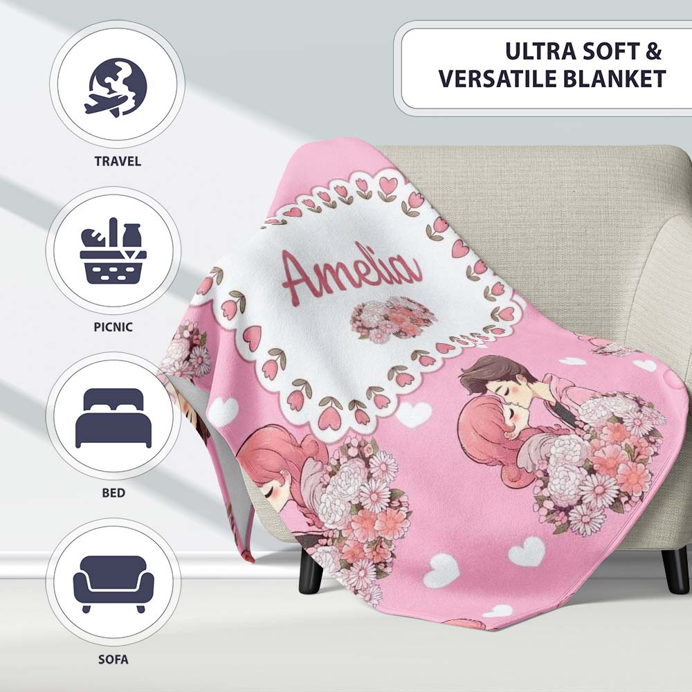 Romantic Couple Kissing Floral Bouquet Hearts Pattern Light Pink  Personalised Custom Name Super Soft Fleece Blanket Bed Sofa Throw