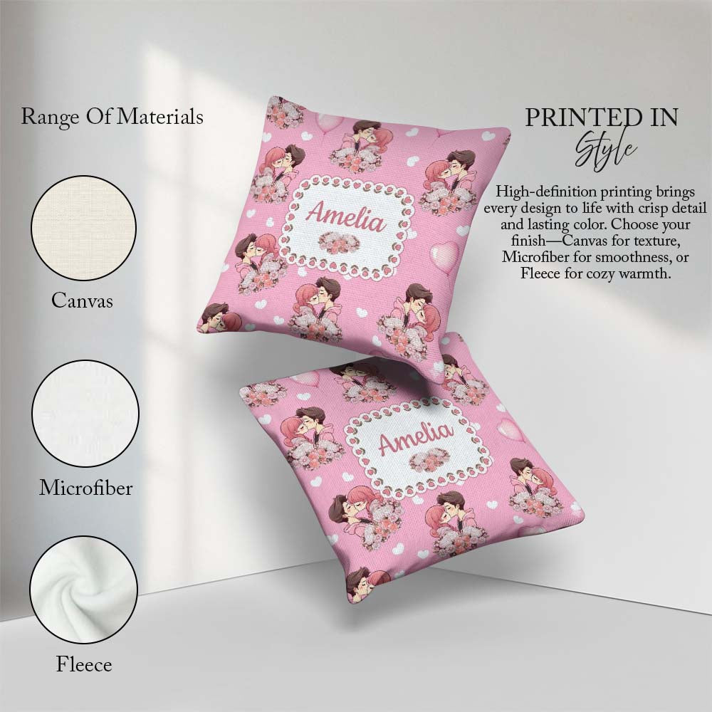 Custom Name Romantic Couple Kissing Floral Bouquet Pattern Light Square Filled Cushion Throw Pillow Sofa Bed Home Decor Zip Washable UK Made