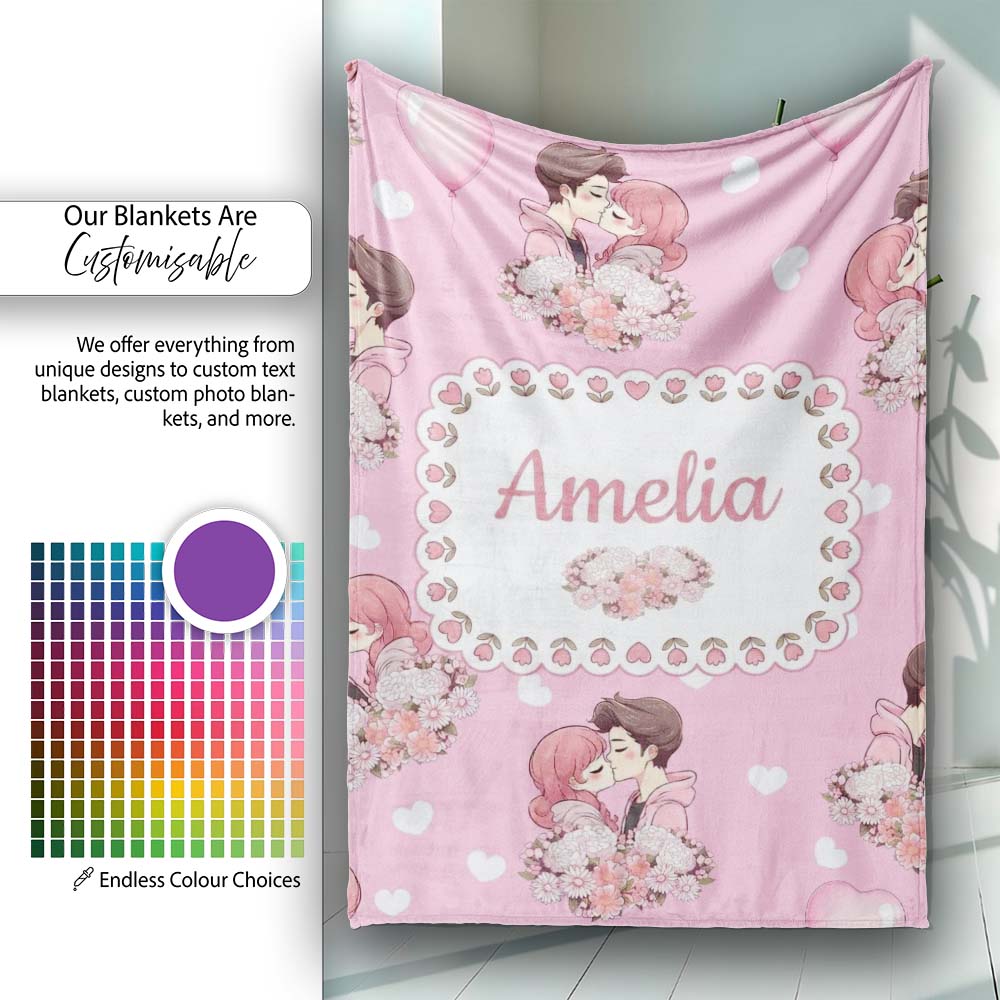 Romantic Couple Kissing Floral Bouquet Hearts Pattern Light Pink  Personalised Custom Name Super Soft Fleece Blanket Bed Sofa Throw