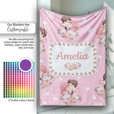 Romantic Couple Kissing Floral Bouquet Hearts Pattern Light Pink  Personalised Custom Name Super Soft Fleece Blanket Bed Sofa Throw