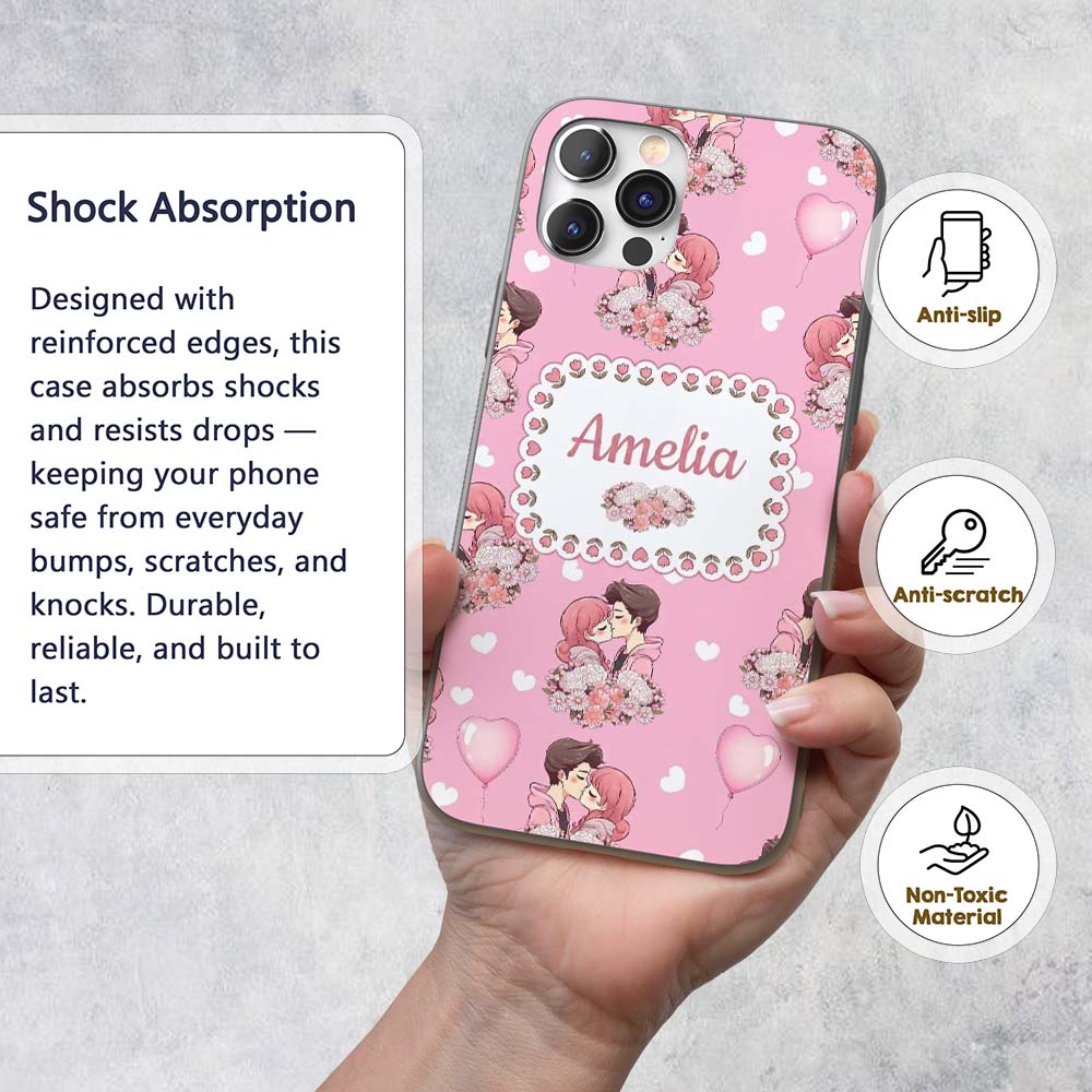 Romantic Couple Kissing Floral Bouquet Hearts Custom Name Protective Phone Case Mobile Cover Durable Everyday Smartphone Shock Resistant