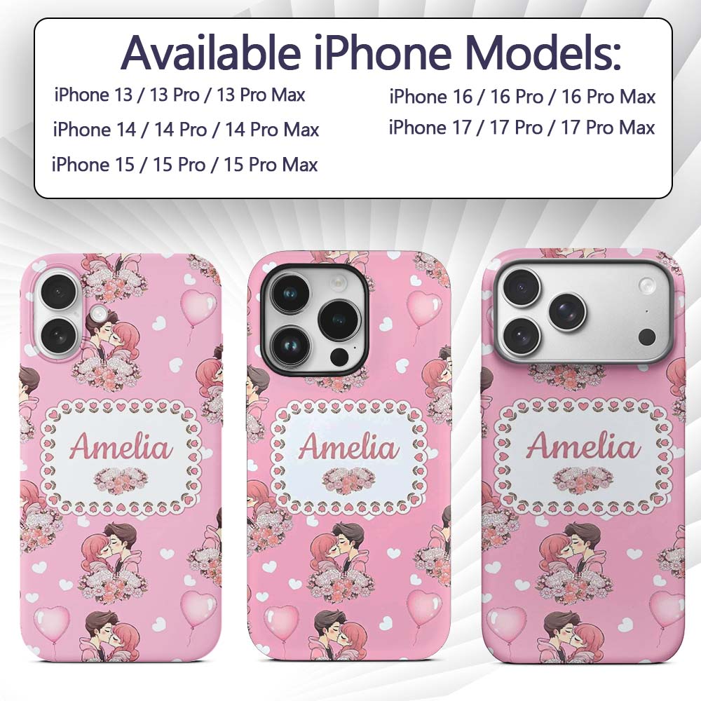 Romantic Couple Kissing Floral Bouquet Hearts Custom Name Protective Phone Case Mobile Cover Durable Everyday Smartphone Shock Resistant