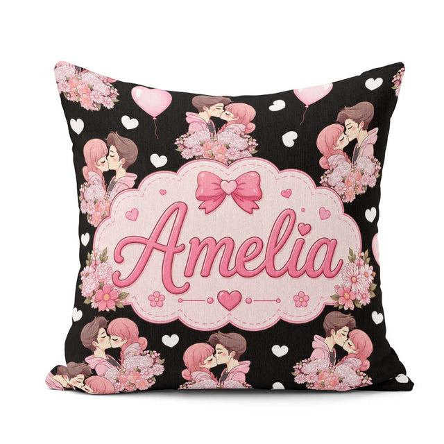 Custom Name Romantic Couple Kissing Floral Hearts Seamless White Square Filled Cushion Throw Pillow Sofa Bed Home Decor Zip Washable UK Made