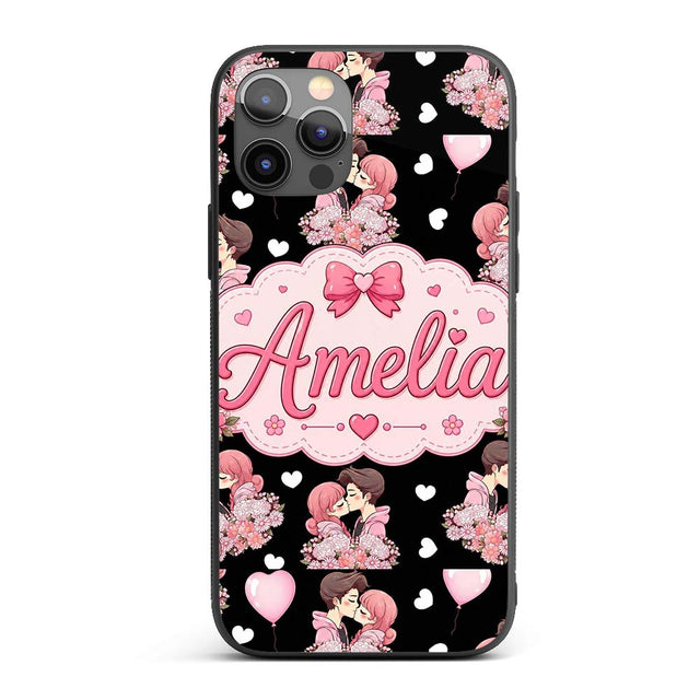 Romantic Couple Kissing Floral Bouquet Hearts Custom Name Protective Phone Case Mobile Cover Durable Everyday Smartphone Shock Resistant