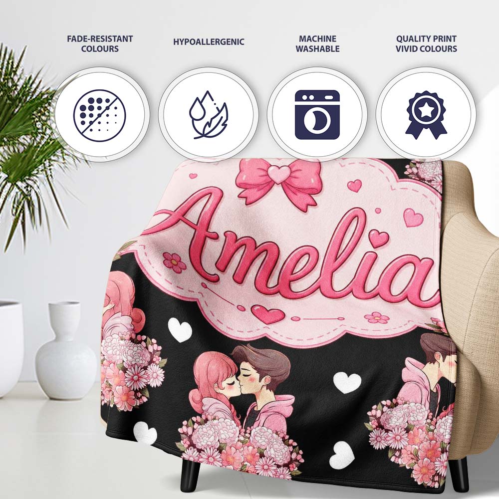 Romantic Couple Kissing Floral Bouquet Hearts Seamless Pattern White  Personalised Custom Name Super Soft Fleece Blanket Bed Sofa Throw