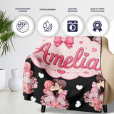 Romantic Couple Kissing Floral Bouquet Hearts Seamless Pattern White  Personalised Custom Name Super Soft Fleece Blanket Bed Sofa Throw