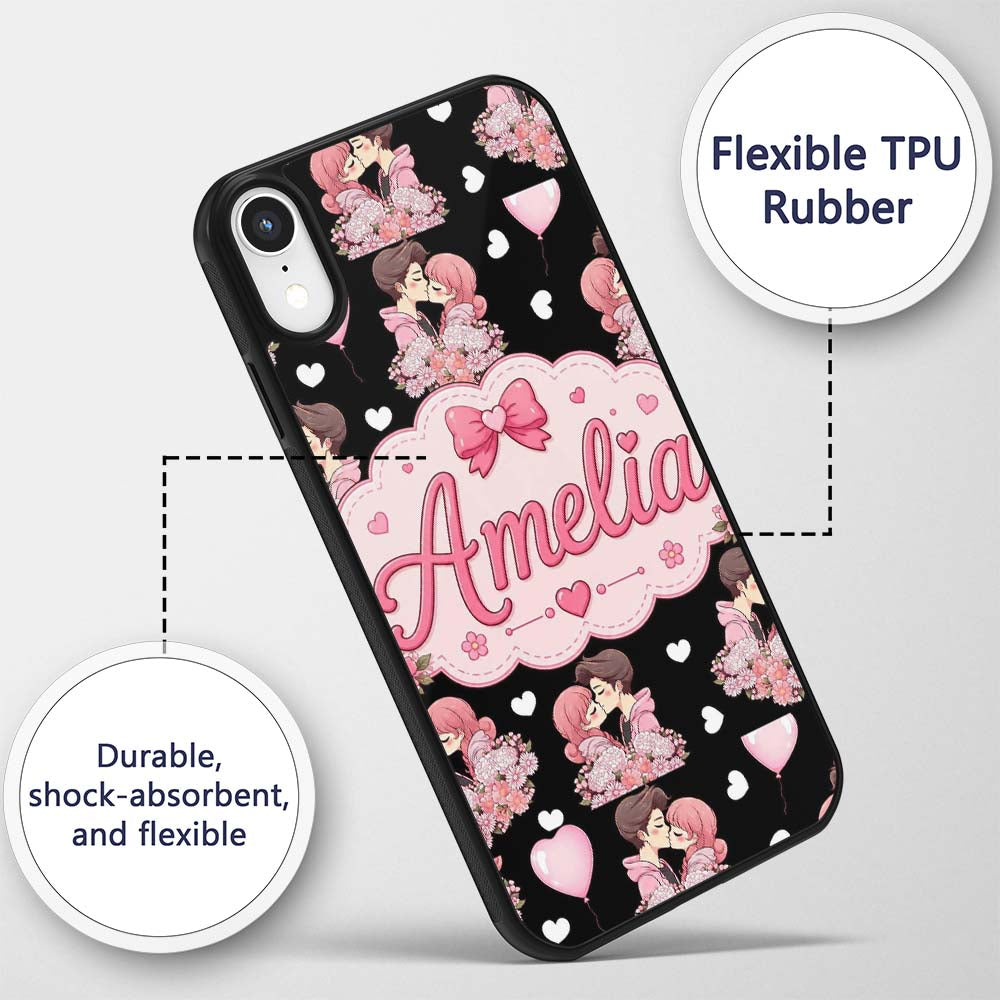 Romantic Couple Kissing Floral Bouquet Hearts Custom Name Protective Phone Case Mobile Cover Durable Everyday Smartphone Shock Resistant