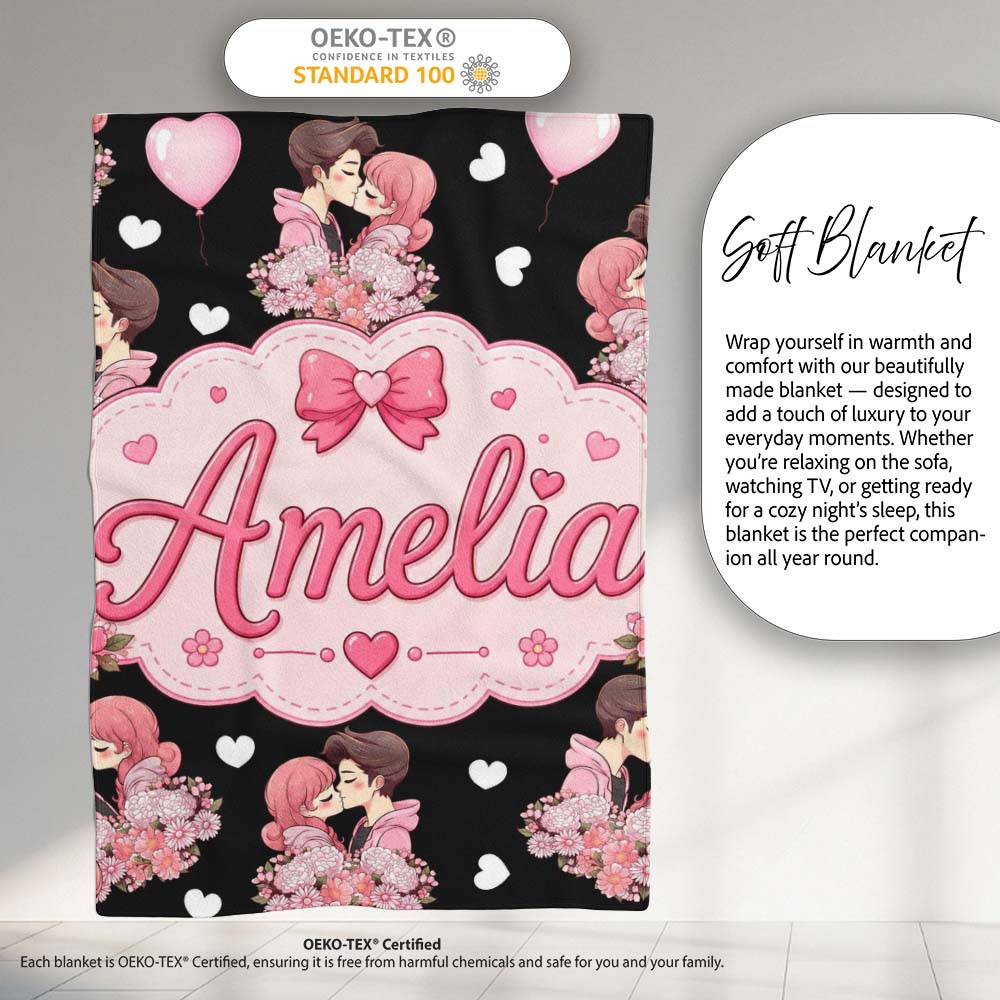 Romantic Couple Kissing Floral Bouquet Hearts Seamless Pattern White  Personalised Custom Name Super Soft Fleece Blanket Bed Sofa Throw
