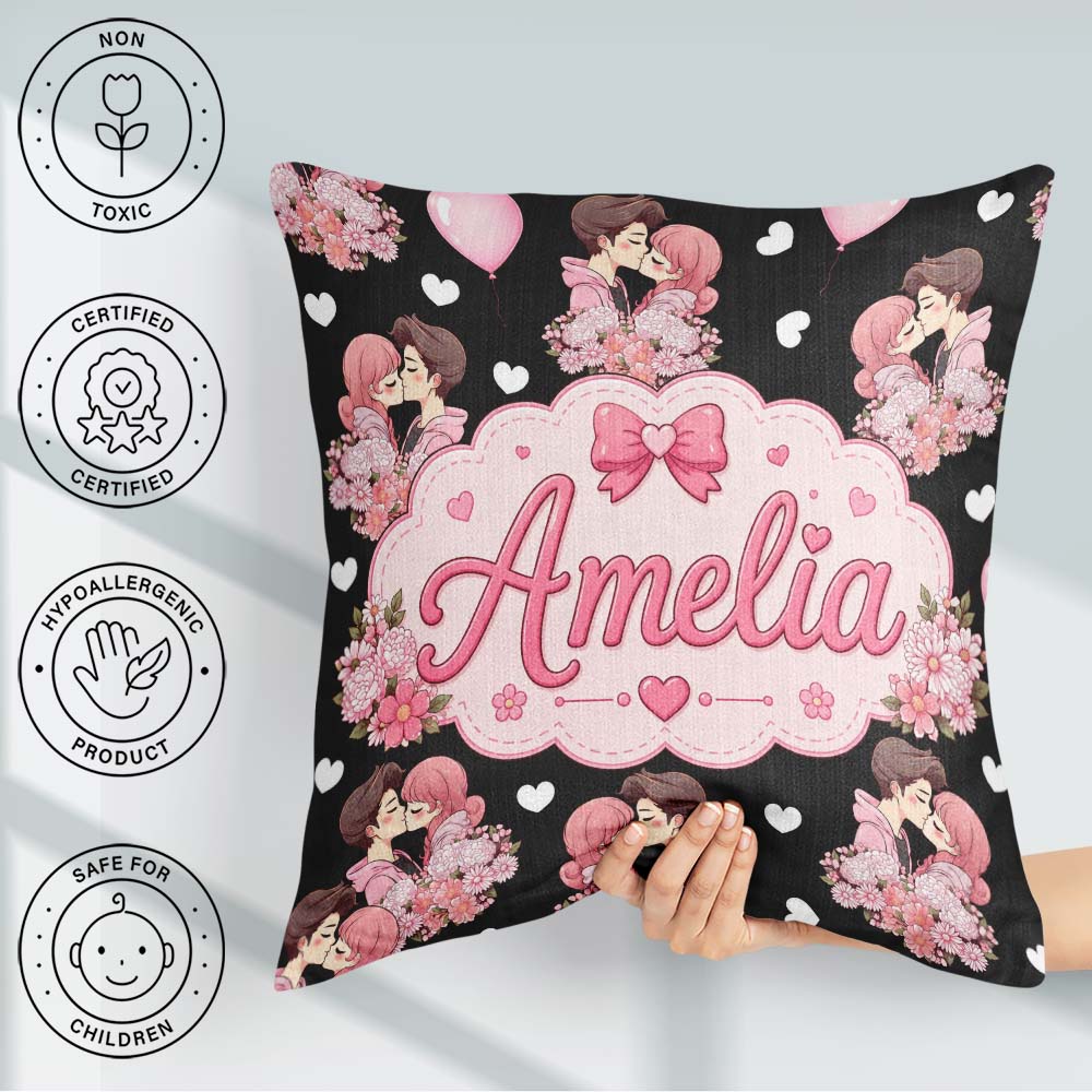 Custom Name Romantic Couple Kissing Floral Hearts Seamless White Square Filled Cushion Throw Pillow Sofa Bed Home Decor Zip Washable UK Made