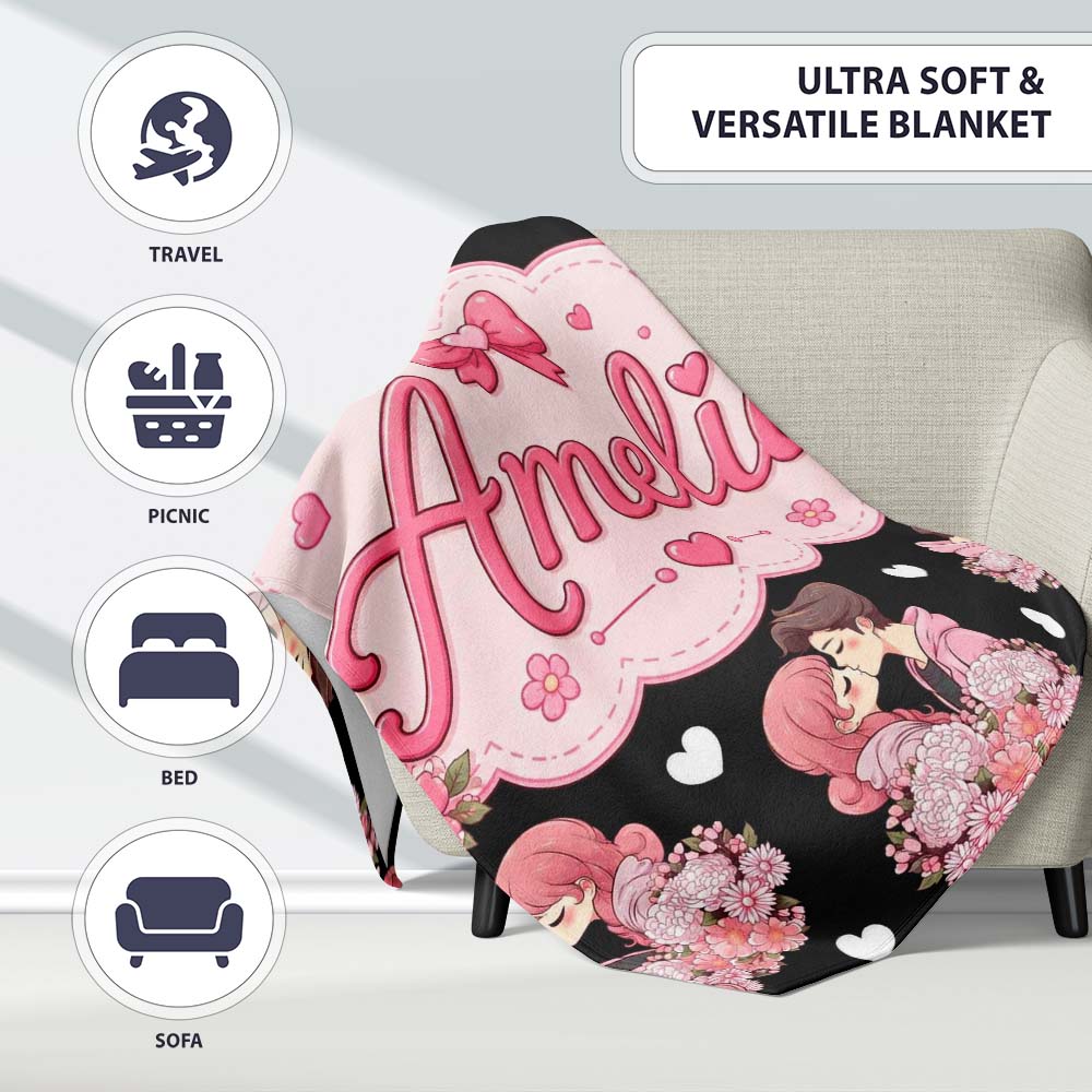 Romantic Couple Kissing Floral Bouquet Hearts Seamless Pattern White  Personalised Custom Name Super Soft Fleece Blanket Bed Sofa Throw