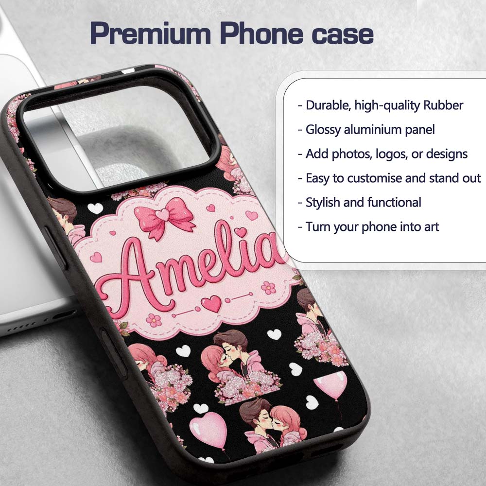 Romantic Couple Kissing Floral Bouquet Hearts Custom Name Protective Phone Case Mobile Cover Durable Everyday Smartphone Shock Resistant