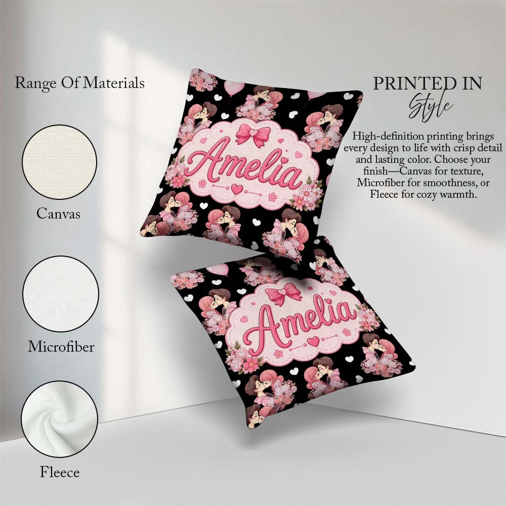 Custom Name Romantic Couple Kissing Floral Hearts Seamless White Square Filled Cushion Throw Pillow Sofa Bed Home Decor Zip Washable UK Made