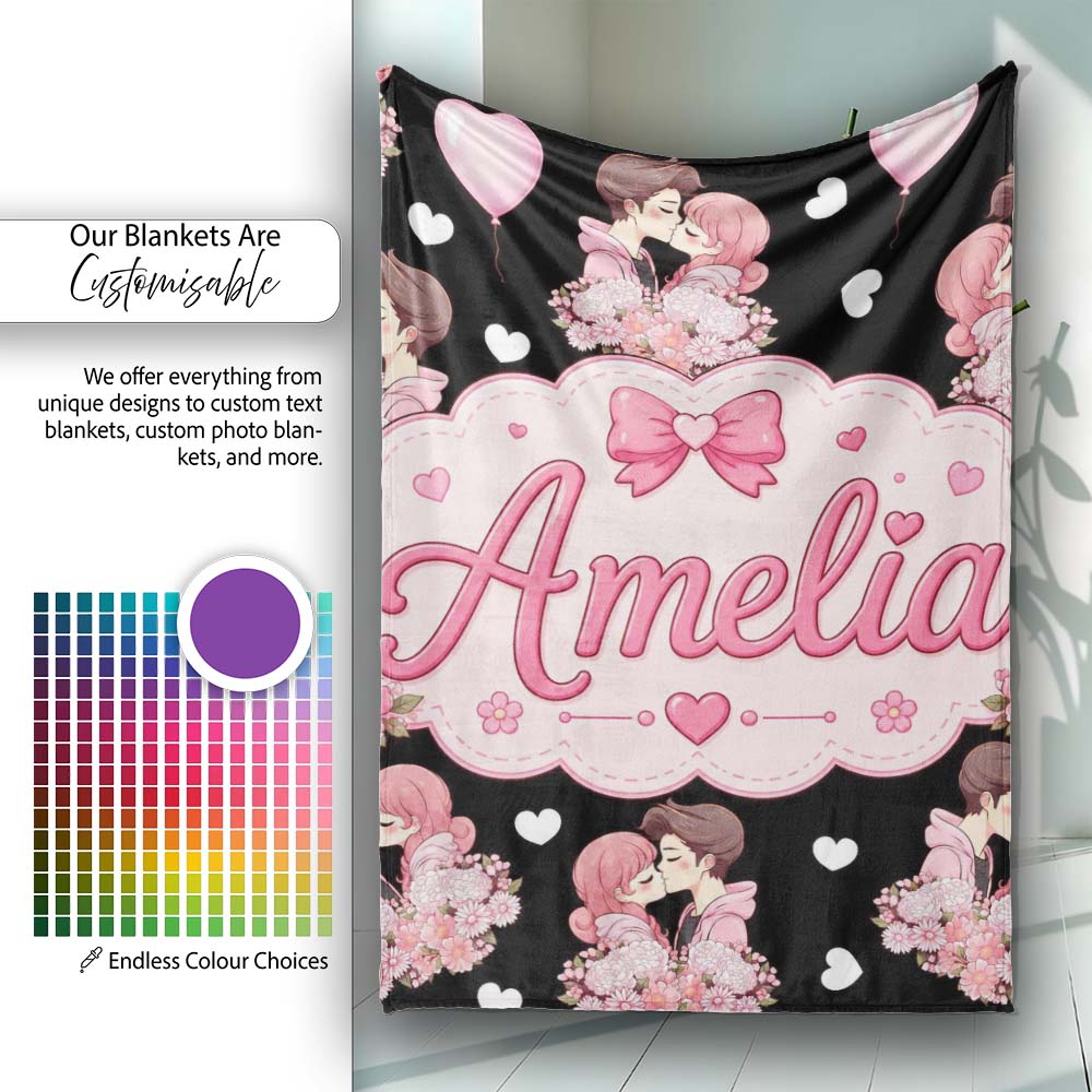Romantic Couple Kissing Floral Bouquet Hearts Seamless Pattern White  Personalised Custom Name Super Soft Fleece Blanket Bed Sofa Throw