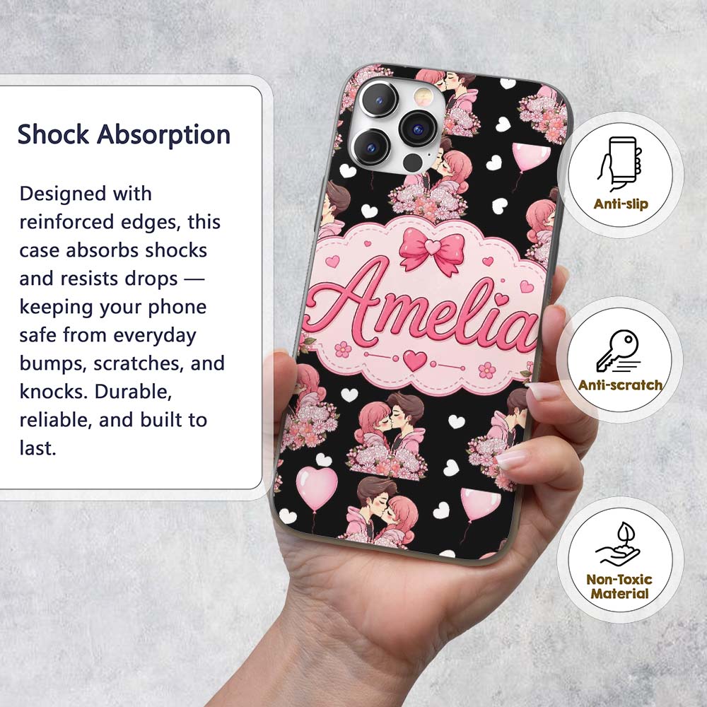 Romantic Couple Kissing Floral Bouquet Hearts Custom Name Protective Phone Case Mobile Cover Durable Everyday Smartphone Shock Resistant