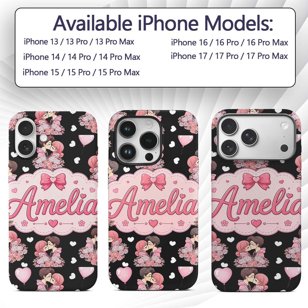 Romantic Couple Kissing Floral Bouquet Hearts Custom Name Protective Phone Case Mobile Cover Durable Everyday Smartphone Shock Resistant