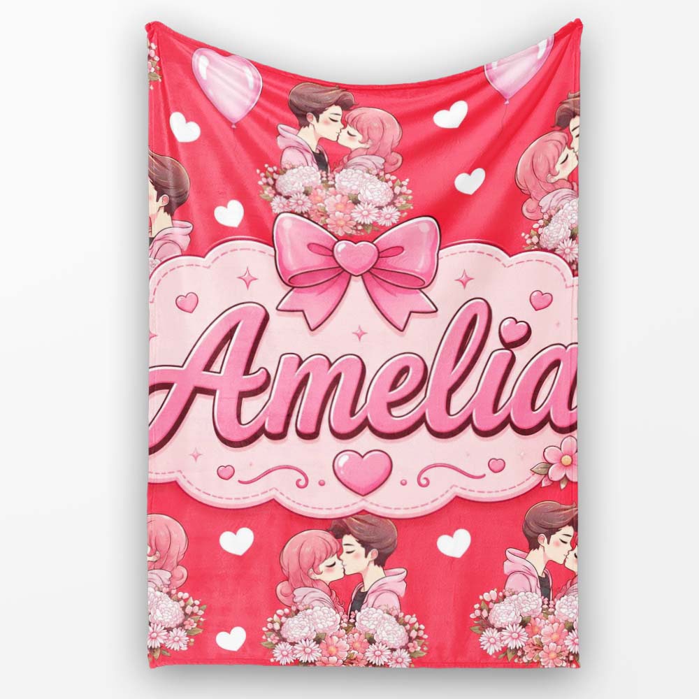 Romantic Couple Kissing Floral Bouquet Hearts Seamless Pattern Red  Personalised Custom Name Super Soft Fleece Blanket Bed Sofa Throw