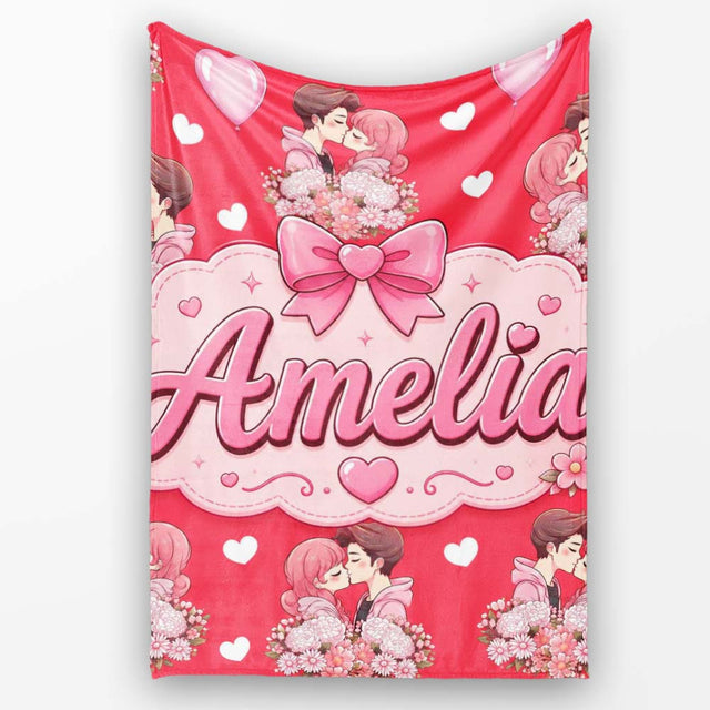 Romantic Couple Kissing Floral Bouquet Hearts Seamless Pattern Red  Personalised Custom Name Super Soft Fleece Blanket Bed Sofa Throw