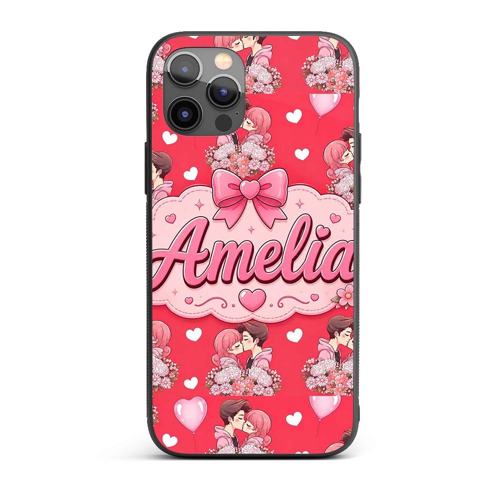 Romantic Couple Kissing Floral Bouquet Hearts Custom Name Protective Phone Case Mobile Cover Durable Everyday Smartphone Shock Resistant