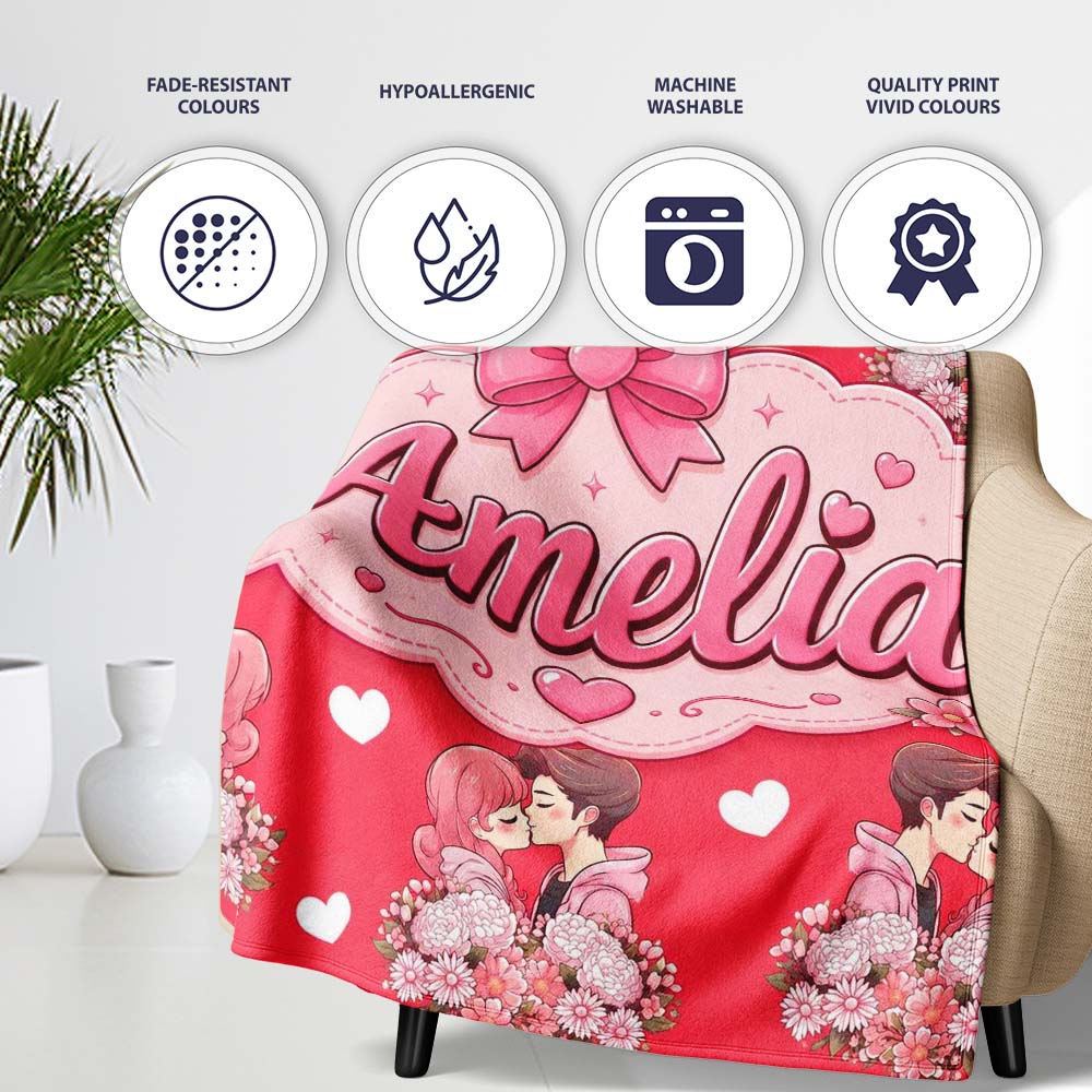 Romantic Couple Kissing Floral Bouquet Hearts Seamless Pattern Red  Personalised Custom Name Super Soft Fleece Blanket Bed Sofa Throw