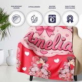 Romantic Couple Kissing Floral Bouquet Hearts Seamless Pattern Red  Personalised Custom Name Super Soft Fleece Blanket Bed Sofa Throw