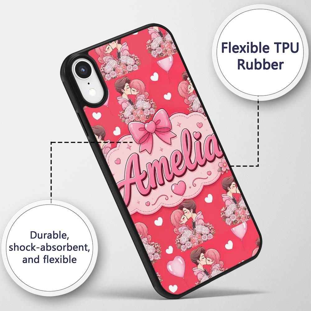 Romantic Couple Kissing Floral Bouquet Hearts Custom Name Protective Phone Case Mobile Cover Durable Everyday Smartphone Shock Resistant