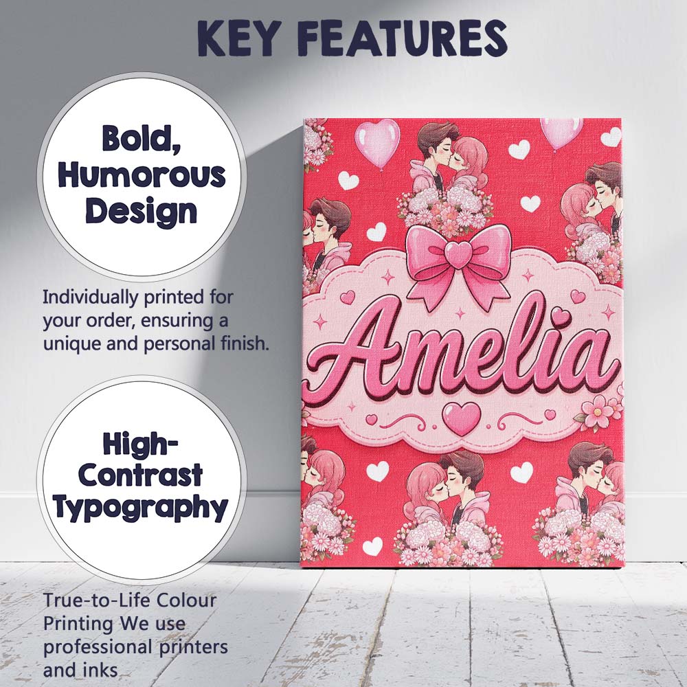 Personalised Name Romantic Couple Kissing Custom  Unique Gift Idea Elegant Feature Canvas Wall Art Print Decor Picture Ready to Hang